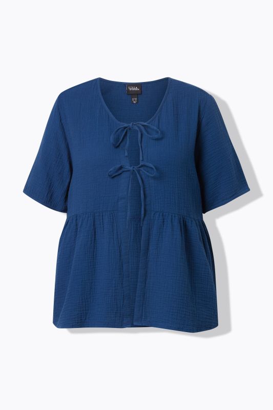 Muslin Short Sleeve Ribbon Tie Blouse
