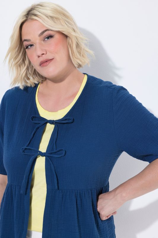 Muslin Short Sleeve Ribbon Tie Blouse