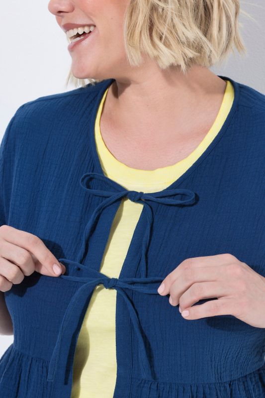 Muslin Short Sleeve Ribbon Tie Blouse