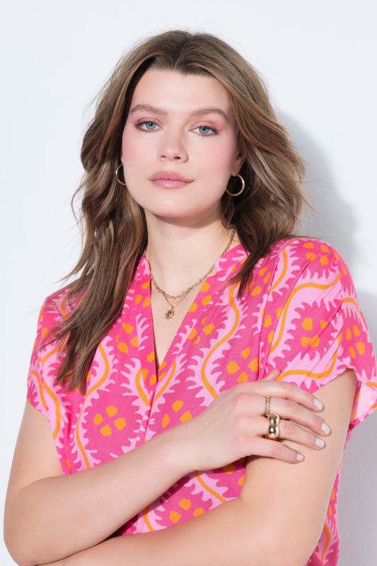 Patterned Cap Sleeve Blouse