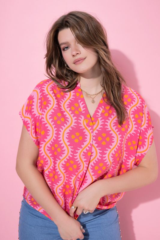 Patterned Cap Sleeve Blouse