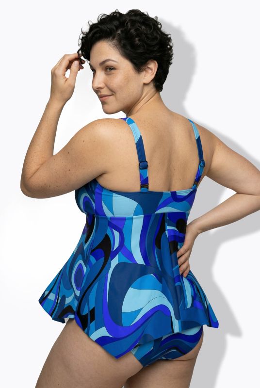 Wave Print Pointed Hem Tankini Set