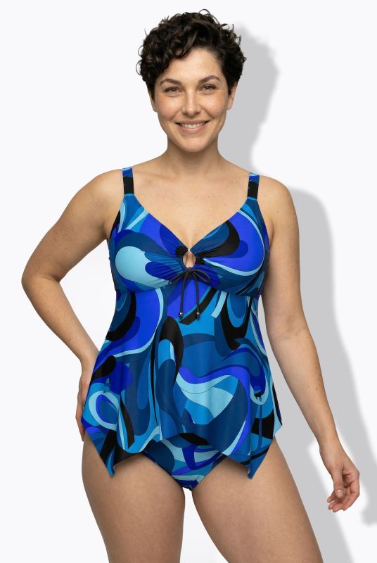 Wave Print Pointed Hem Tankini Set