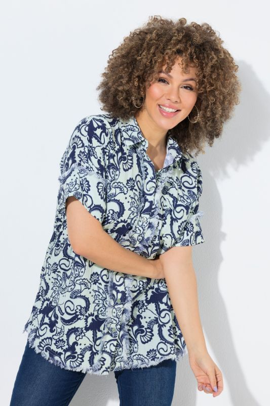 Floral Paisley Fringed Hem Muslin Blouse