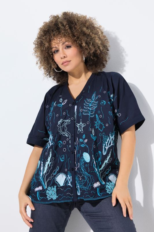 Under The Sea Short Sleeve Embroidered Blouse
