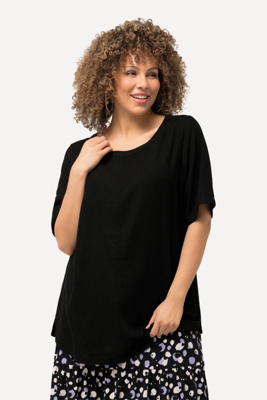 Draped Linen Blend Short Sleeve Blouse
