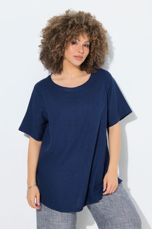 Draped Linen Blend Short Sleeve Blouse