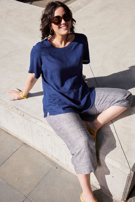 Draped Linen Blend Short Sleeve Blouse