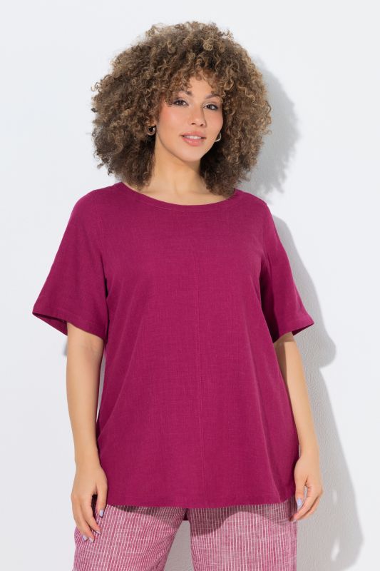 Draped Linen Blend Short Sleeve Blouse