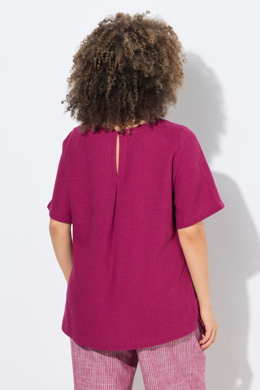 Draped Linen Blend Short Sleeve Blouse
