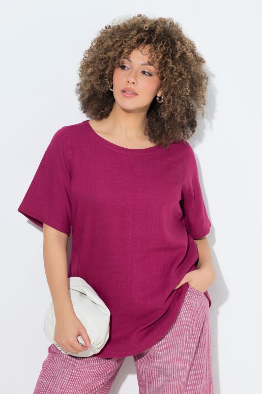 Draped Linen Blend Short Sleeve Blouse