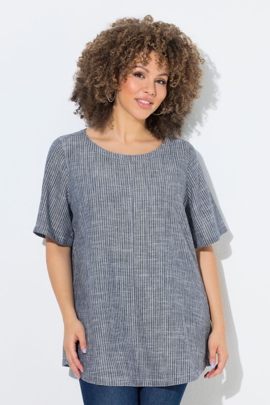 Striped Linen Blend Short Sleeve Blouse