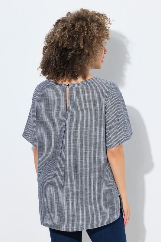 Striped Linen Blend Short Sleeve Blouse