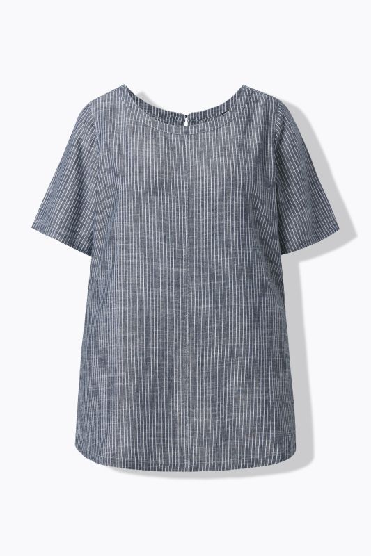 Striped Linen Blend Short Sleeve Blouse