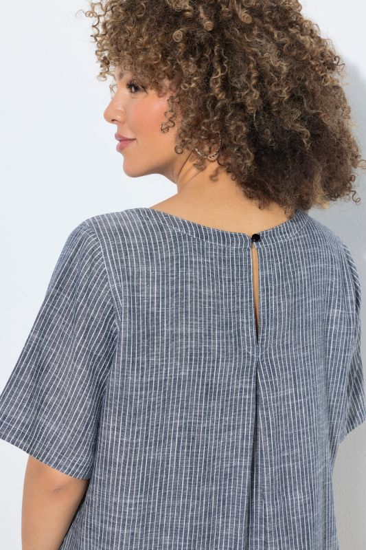 Striped Linen Blend Short Sleeve Blouse