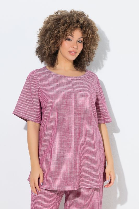 Striped Linen Blend Short Sleeve Blouse