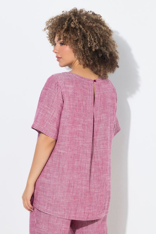 Striped Linen Blend Short Sleeve Blouse