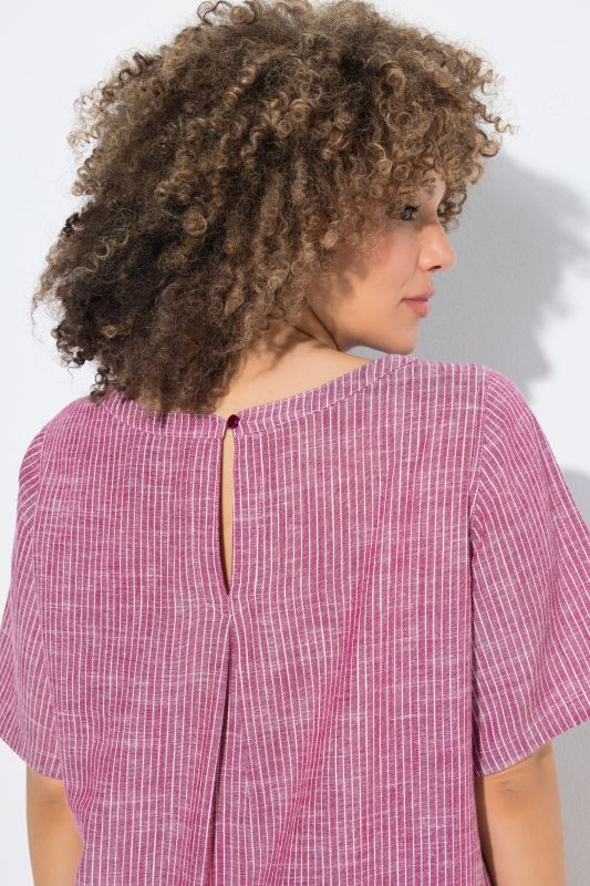 Striped Linen Blend Short Sleeve Blouse