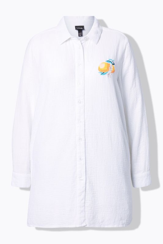 Lemon Embroidered Long Sleeve Button Down Tunic Blouse