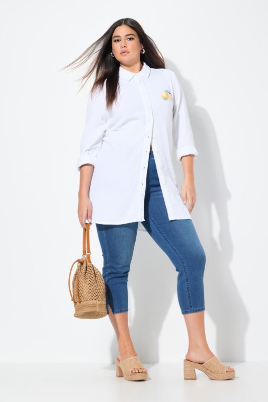 Lemon Embroidered Long Sleeve Button Down Tunic Blouse