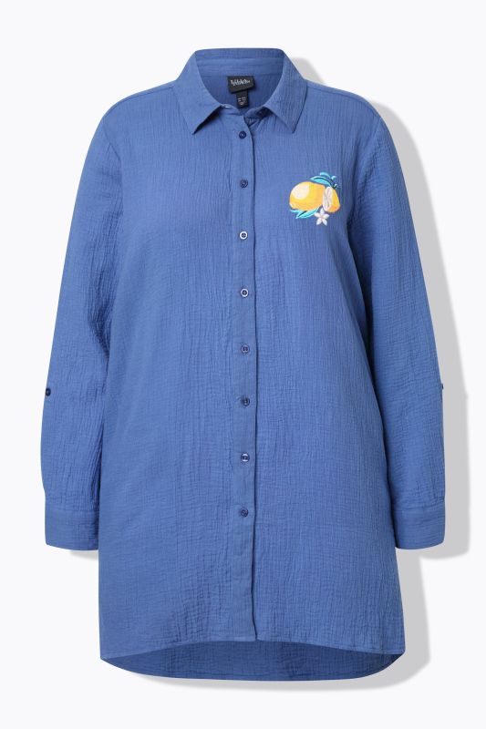 Lemon Embroidered Long Sleeve Button Down Tunic Blouse