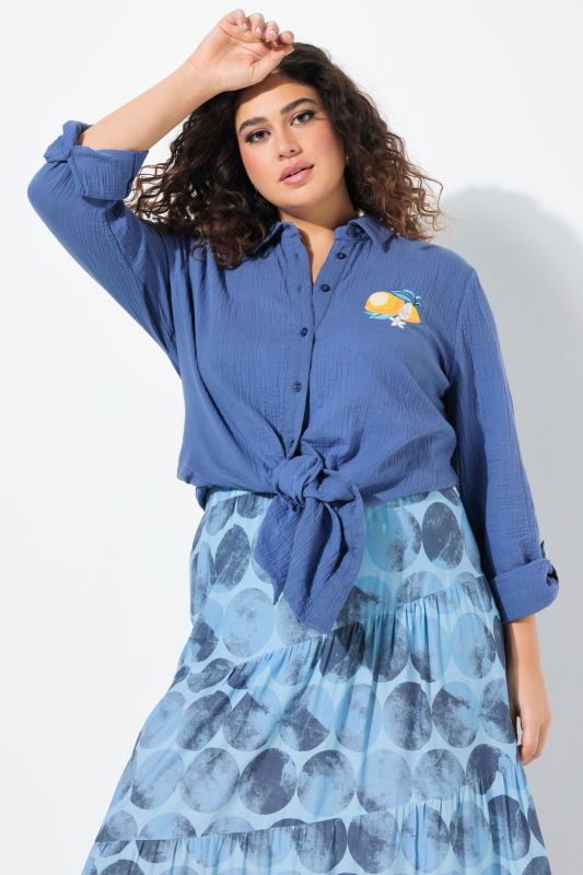 Lemon Embroidered Long Sleeve Button Down Tunic Blouse