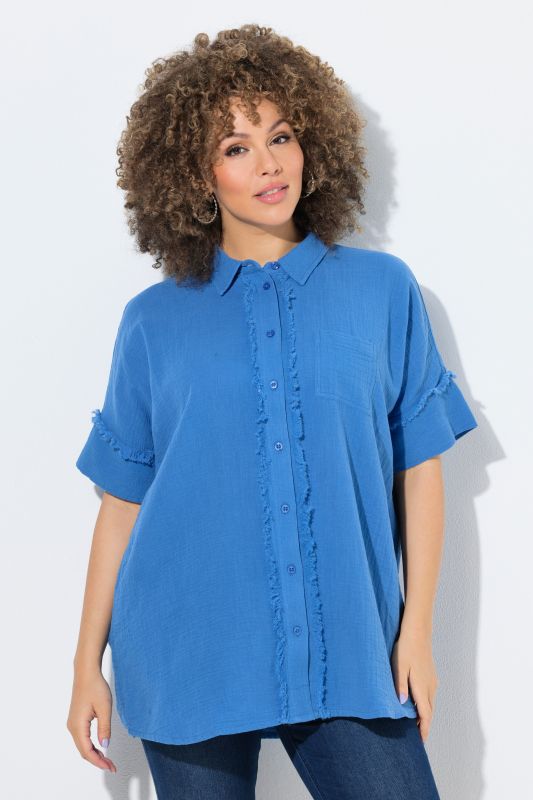 Fringed Seam Short Sleeve Button Down Muslin Blouse