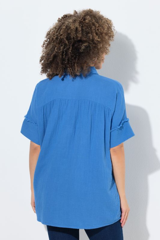 Fringed Seam Short Sleeve Button Down Muslin Blouse