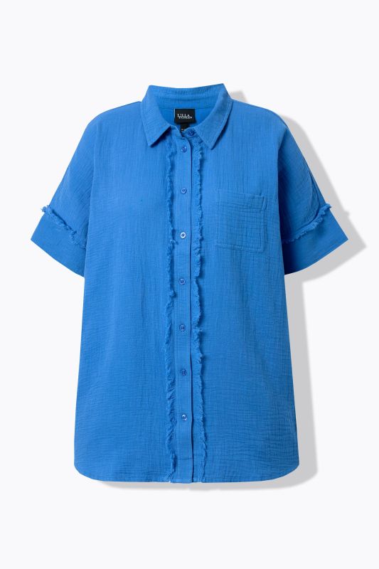 Fringed Seam Short Sleeve Button Down Muslin Blouse