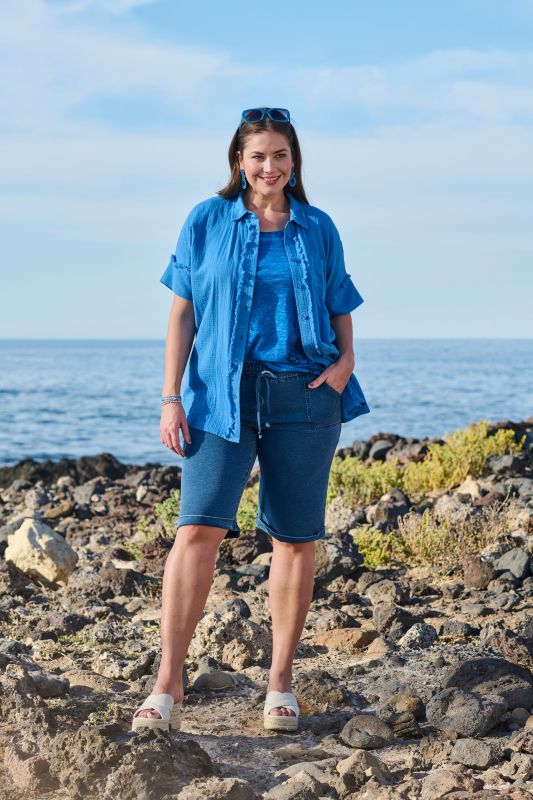 Fringed Seam Short Sleeve Button Down Muslin Blouse