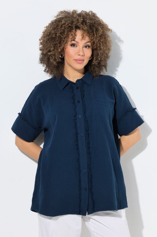 Fringed Seam Short Sleeve Button Down Muslin Blouse