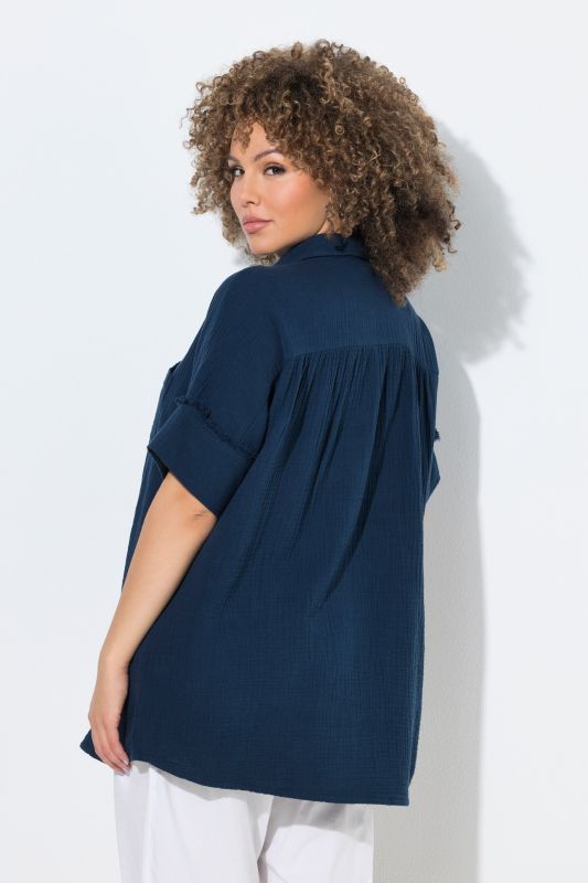Fringed Seam Short Sleeve Button Down Muslin Blouse