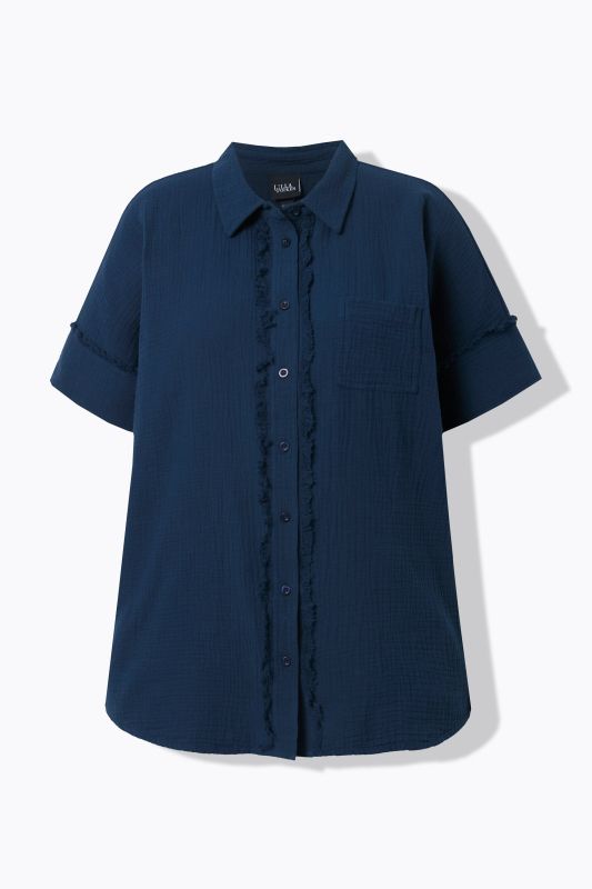 Fringed Seam Short Sleeve Button Down Muslin Blouse