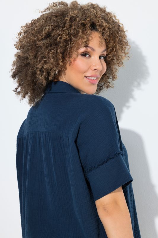 Fringed Seam Short Sleeve Button Down Muslin Blouse