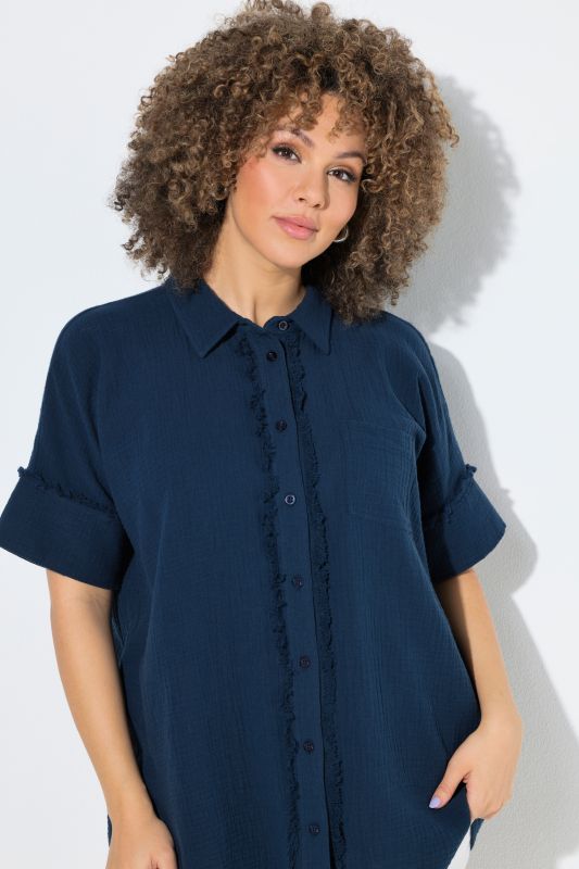 Fringed Seam Short Sleeve Button Down Muslin Blouse