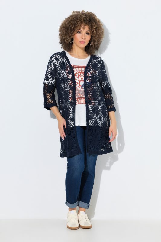 Floral Openwork Knit Scalloped Hem Cardigan