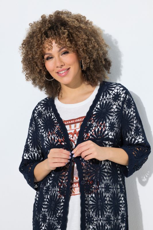 Floral Openwork Knit Scalloped Hem Cardigan