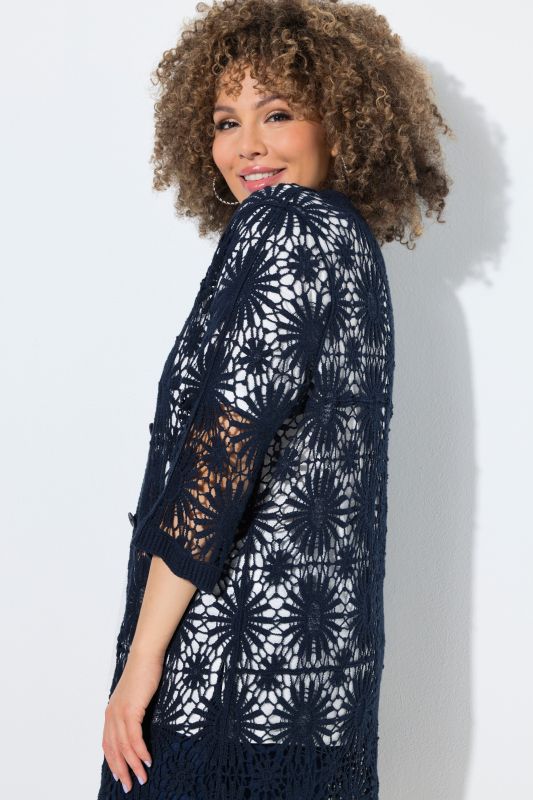 Floral Openwork Knit Scalloped Hem Cardigan