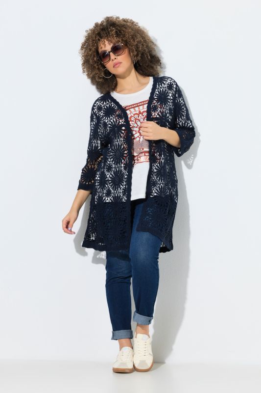Floral Openwork Knit Scalloped Hem Cardigan