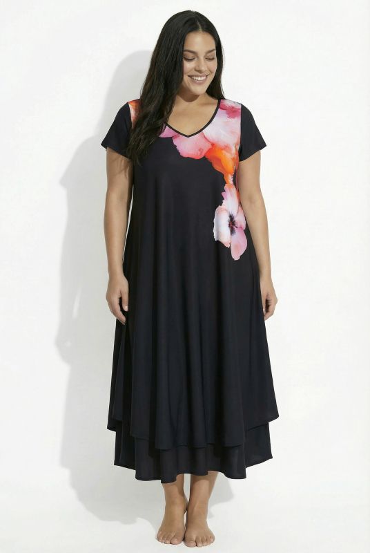 Watercolor Floral Motif Cap Sleeve Dress