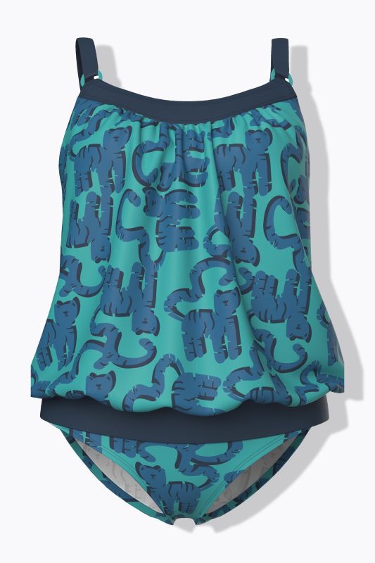Kitty Cat Print Elastic Hem Tankini Set