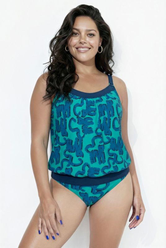 Kitty Cat Print Elastic Hem Tankini Set