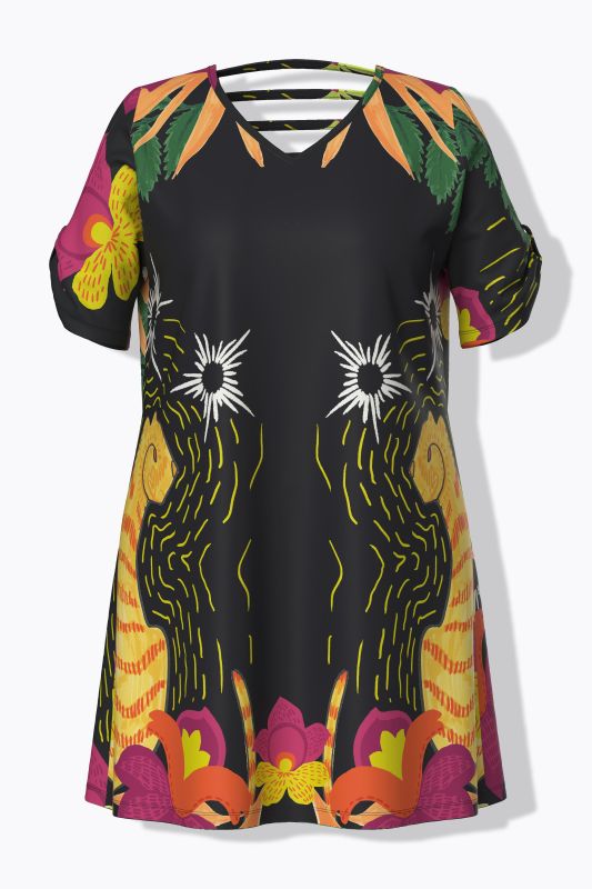 Colorful Cat Print Cutout Short Sleeve Dress