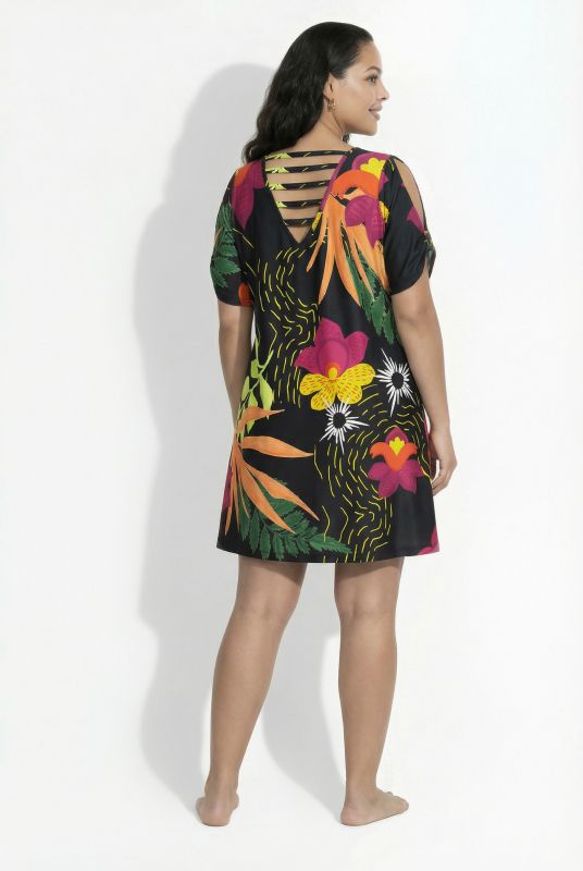 Colorful Cat Print Cutout Short Sleeve Dress