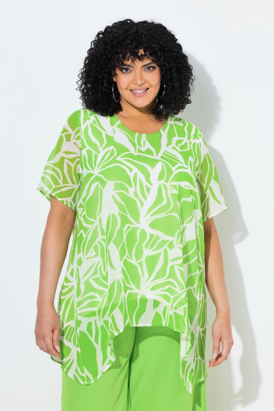 Layered Chiffon Leaf Print Pointed Hem Blouse