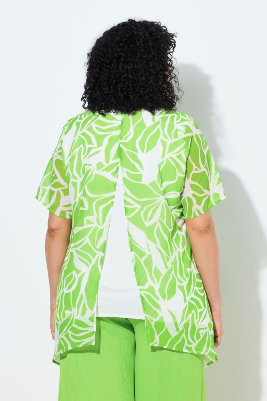 Layered Chiffon Leaf Print Pointed Hem Blouse