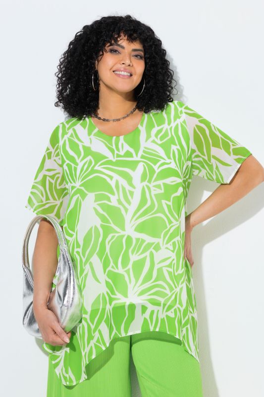 Layered Chiffon Leaf Print Pointed Hem Blouse