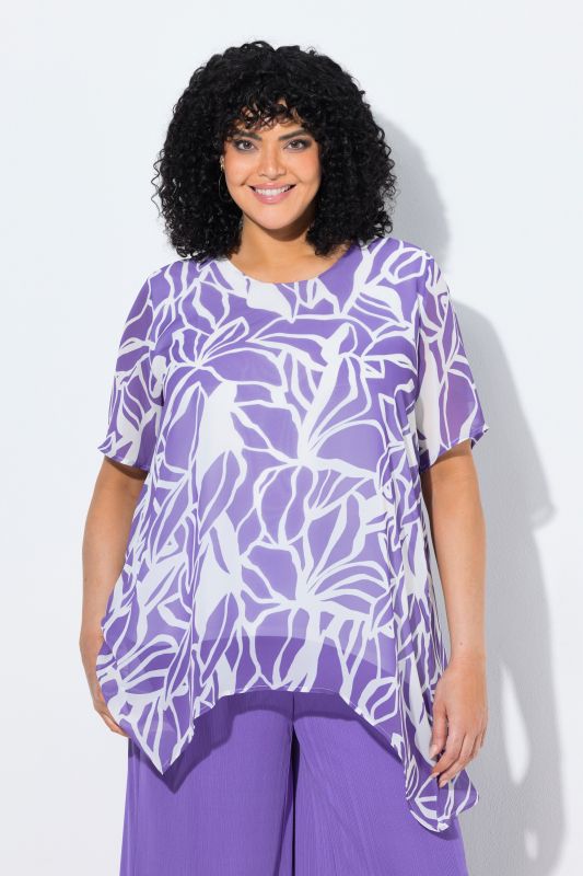 Layered Chiffon Leaf Print Pointed Hem Blouse