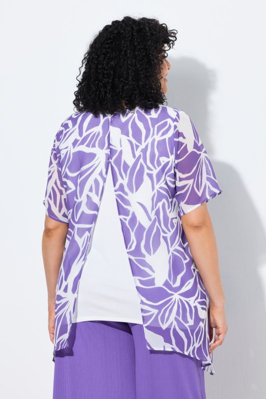 Layered Chiffon Leaf Print Pointed Hem Blouse