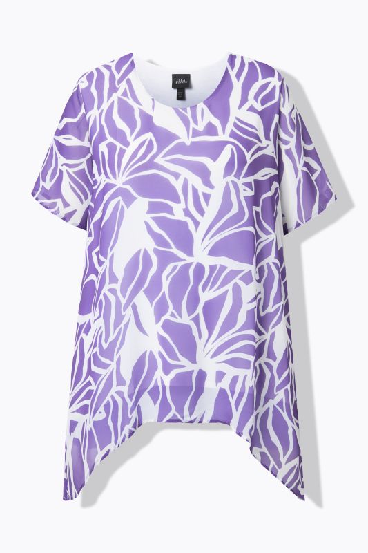 Layered Chiffon Leaf Print Pointed Hem Blouse